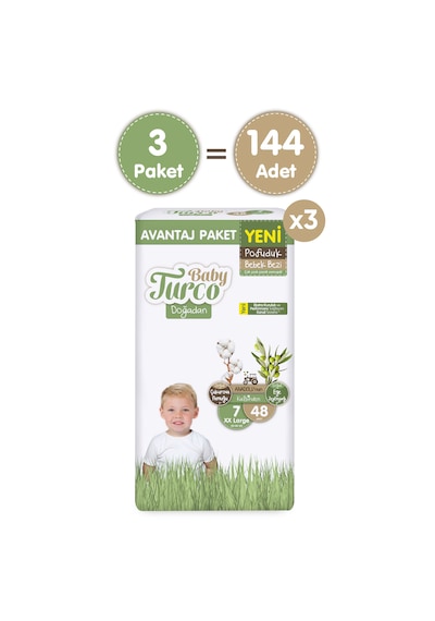 Baby Turco Doğadan Mega Avantaj Paketi Pofuduk Bebek Bezi 7 Numara Xxlarge 144 Adet