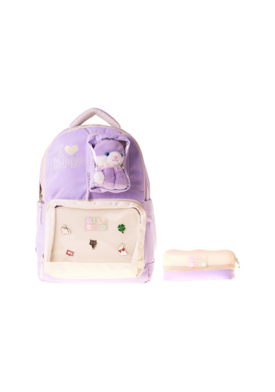 Calacilo K Pop Lilac Kız Çocuk K-pop Lilac Peluş Ayı Aksesuarlı Okul Sırt Çantası Ve Kalemlik Seti - Setcc-c4104c Lila