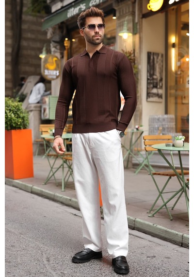 Madmext Kahverengi Polo Yaka Slim Fit Erkek Triko Kazak E7527