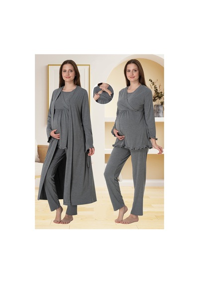Effortt Dvina Lohusa Sabahlıklı Pijama Takımı Füme - 4044 Füme