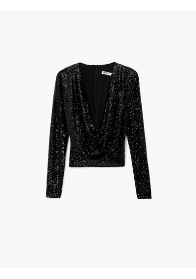 Koton Uzun Kollu Degaje Yaka Pullu Payetli Crop Bluz Siyah 6wak60006fk Siyah