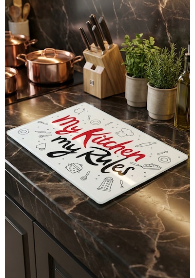 Makri Home My Kitchen My Rules Yazılı Desenli Cam Kesme Tahtası Temperli Cam, 25 35 Cm Çok Renkli