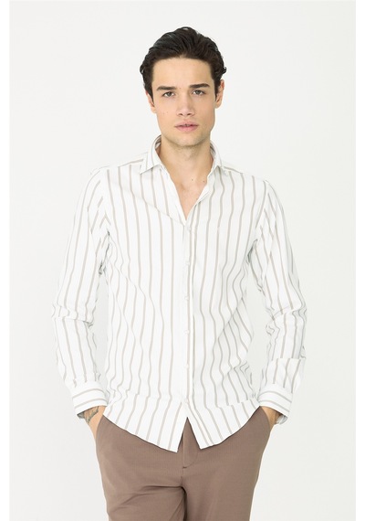 Bej Çizgili Uzun Kollu Gömlek Slim Fit Beyaz-kahve