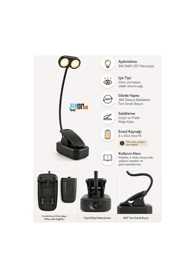 Gözü Yormayan Klipsli Kitap Okuma Işığı 3w Smd Led Mandallı Pilli Lamba 360 Esnek Boyun Sarı Ve Beyaz Işık Siyah