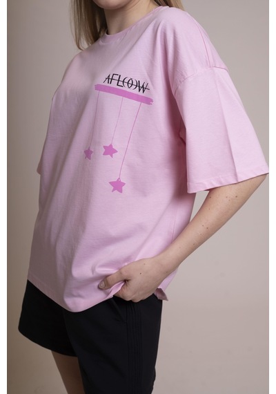 Afloow Muse Oversize Pembe Yıldız Baskılı Tişört %100 Pamuk Trendy, Rahat Ve Şık Unisex Günlük Giyim Pembe