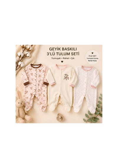 Omeca Concept 3'lü Kız Bebek Geyik Desenli Patikli Tulum Seti Krem
