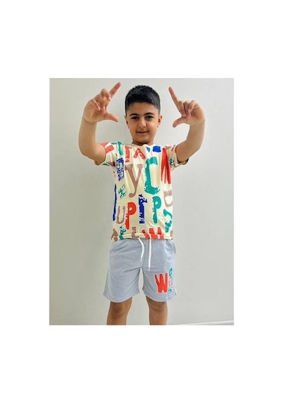 Mnk Baby & Kids Erkek Çocuk Baskılı Şortlu Yazlık Takım M00710 Ekru