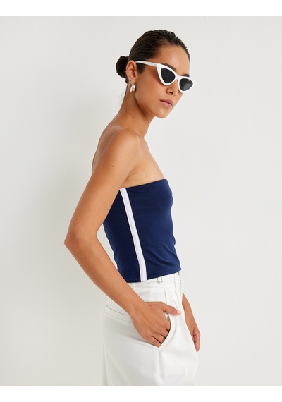 Koton Straplez Crop Üst Yanları Şerit Detaylı Pamuklu Slim Fit Lacivert 4sak10946ek