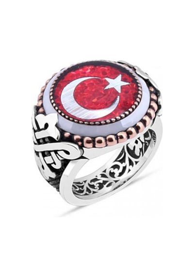925 Ayar Gümüş Mineli Türk Bayrağı Kenarı Çember Taşlı Erkek Yüzü - 554715481