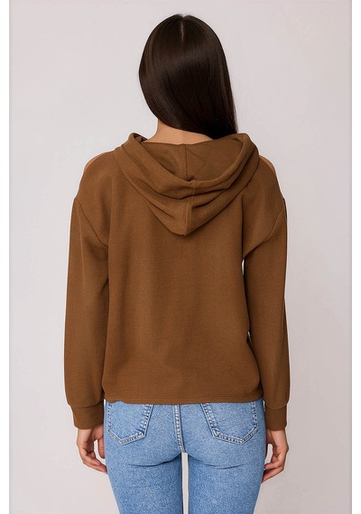 Vitrin Omuz Dekolteli Kanguru Cep Kapüşonlu Sweatshirt Kahve
