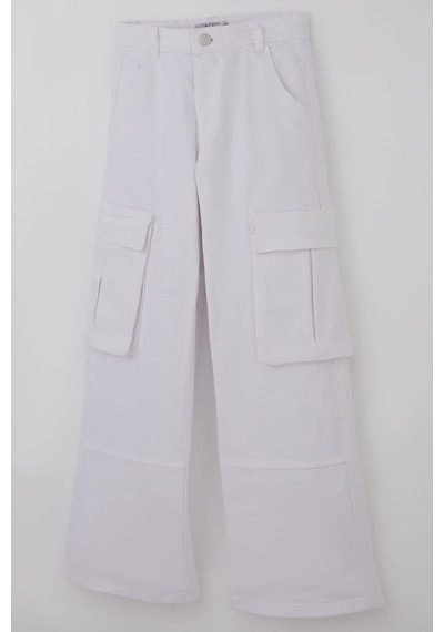 Escabel Kız Çocuk Gabardin Pantolon Kargo Cep Detaylı 10-14 Yaş, Beyaz