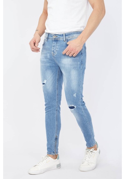 Erkek Skinny Fermuarlı Paça Detaylı Jean Açık Mavi 001