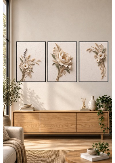 Siyah Çerçeveli Ivory Meadow Peony 3 Lü Ahşap Çerçeveli Mdf Tablo Seti Şakayık, Lavanta Ve Papatya Kuru Çiçek Temalı Kabartma Görünümlü Renk: Siyah