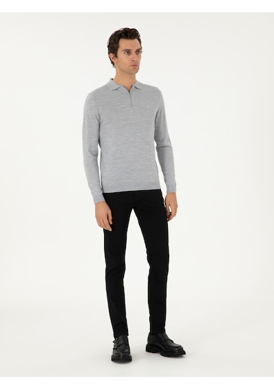 Cacharel Gri Regular Fit Yün Karışımlı Fermuarlı Polo Yaka Basic Triko Kazak