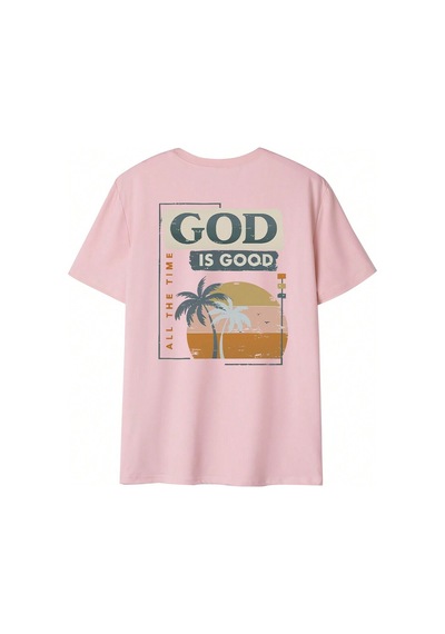 God Is Good T-shirt - Pembe Baskılı Oversize Bisiklet Yaka Kısa Kol Tişört Pembe