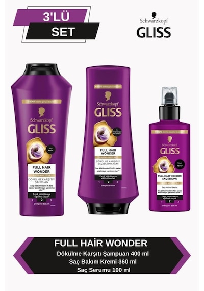 Gliss Full Hair Wonder Dökülme Karşıtı Şampuan 400ml + Saç Kremi 360ml + Saç Serumu 100 Ml set-hnkl-5226-6368 Tüm Saçlar