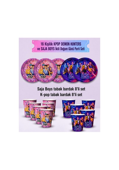 16 Kişilik Kpop Demon Hunters Ve Saja Boys İkili Doğum Günü Parti Seti Tabak Bardak Mor Tüm Yaşlar