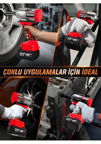 Steiner 21v 1100 Nm Kömürsüz Torklu Çift Akülü 10 Pilli 1/2 Kırmızı Şarjlı Somun Sıkma Sökme Makinesi + 38 Parça