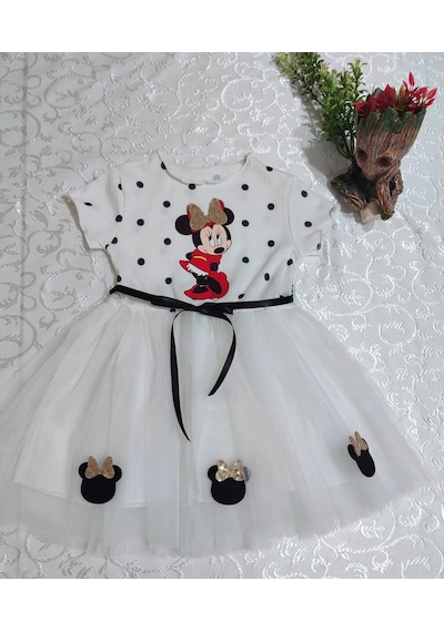 Colezium 2-3-4 Yaş Puantiyeli Mickey Baskılı Kurdela Kuşaklı Astarlı Kız Bebek Tütü Elbisesi Beyaz Renkli