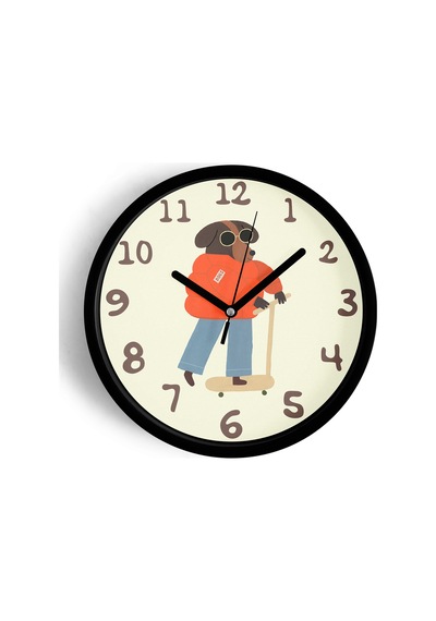 Kaykay Yapan Köpek Çocuk Odası Modern Duvar Saati - 25cm - Önü Camlı Siyah Kasa - Sessiz Mekanizma-jh0206 Siyah