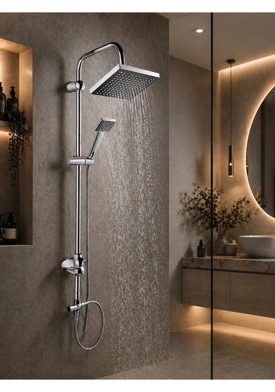 Lüx Premium Krom Robot Duş Seti Sabit Lavabo Bataryası 2'li Avantaj Seti Modern Tasarım Gri