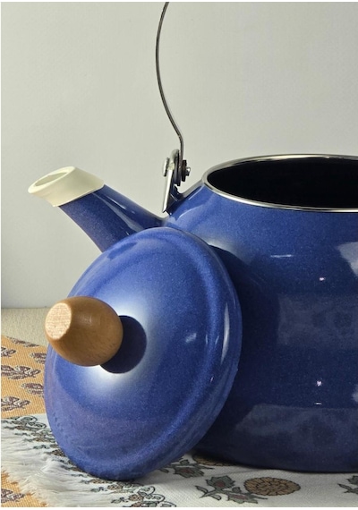 Alev Vintage Ahşap Saplı Emaye Demlik Kettle 2,5lt Mavi