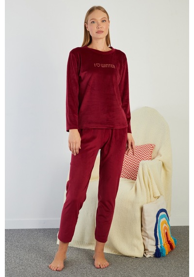 Fullamoda I Love Winter Kabartma Baskılı Kadife Pijama Takımı Bordo