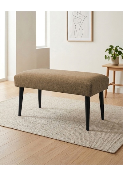 Kahverengi Keten Kumaş Bench Puf 90x45x46 Cm Ahşap Siyah Ayaklı Demonte Modern Yatak Ucu Bench Oturma Bankı Antre Koridor Pufu