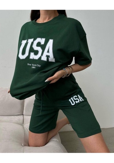 Usa T-shirt Şort - Alt Üst Takım Şort Tişört Kombin Baskılı Bisiklet Yaka Yeşil
