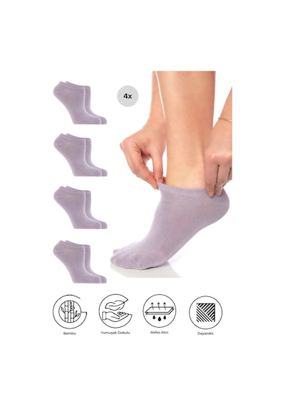 Saysez Bambu Kadın Sneaker Lila-mor Çorap Dikişsiz Görünmez Bilekte Spor Çorap Premium 4'lü Paket Renkli