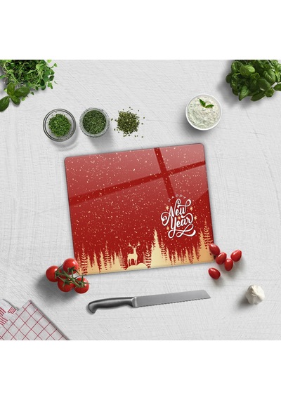 Decorita Cam Kesme Tahtası|Happy New Year KırmızıSilüet|29cmx34cm