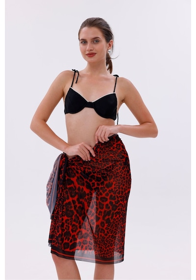 Tarzını Seç İç Gösterir Transparan Pareo - Kırmızı Leopar Model 150x95 Cm Çok Renkli