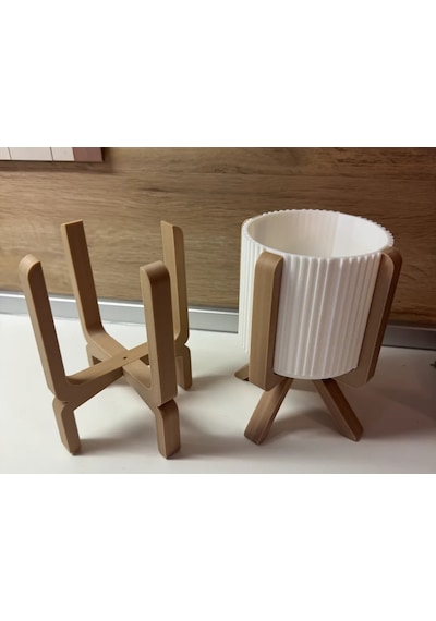 3d Baskı Ayaklı Çizgili Saksı - Bej Standlı Dekoratif Saksı - Beyaz