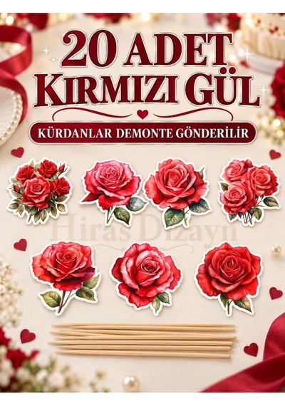 Hiras Dizayn Kırmızı Gül Kürdanlı Süs Seti 20 Adet Cupcake Pasta Sunum