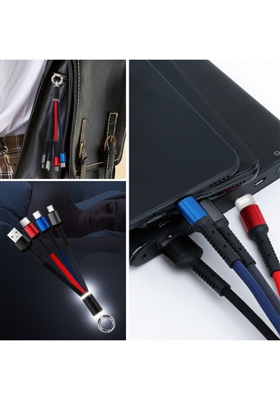 Bucuks Işıklı Anahtarlık Model 3 İn 1 Usb Çıkışlı Mikro,type-c Ve İphone Uyumlu Şarj Kablosu Renkli
