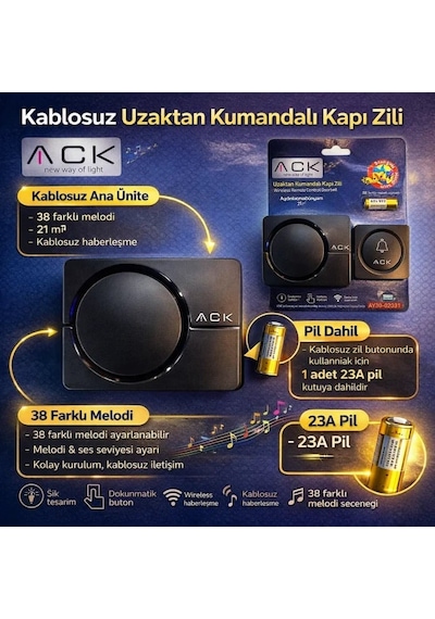 Ack 32 Melodili Uzaktan Kumandali Zil Siyah