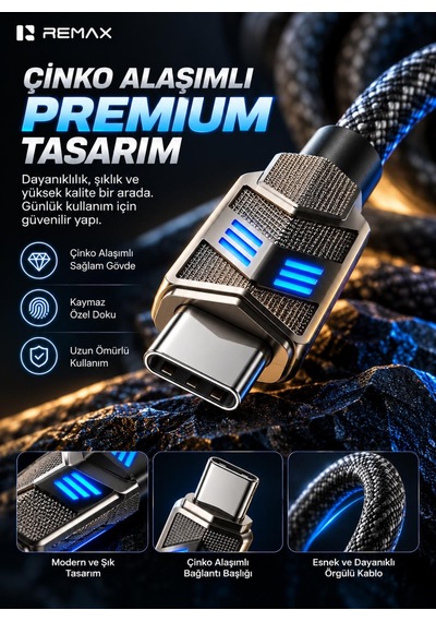 Remax Cb05-cc Bumblebee Serisi 65w Pd Type-c To Type-c Led Işıklı Çinko Alaşımlı Örgülü Hızlı Şarj Ve Data Kablosu 1.2 Metre Siyah