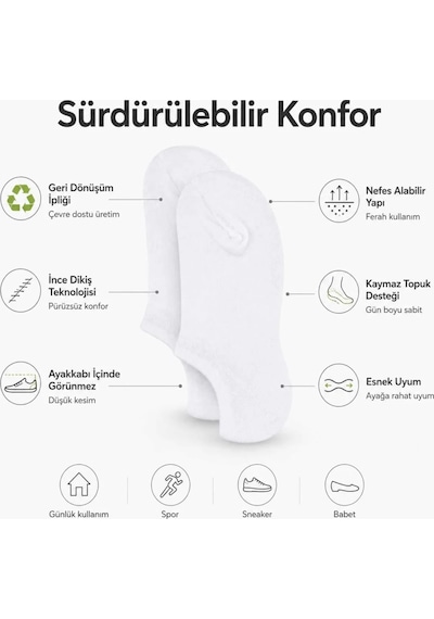 Genel Kadın Görünmez Sneaker Babet Çorap 6'lı Geri Dönüşüm İplikli, Nefes Alan, Siy Beyaz 6'lı / 36-40