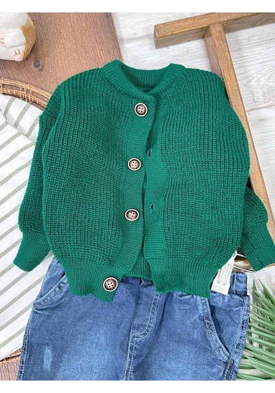Bebicix Likralı Kot Pantolon Triko Hırkalı Badi 3'lü Erkek Bebek Takım Yesil