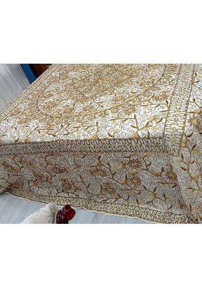 Pullu Boncuk İşlemeli Otantik Çift Kiş Yat Örtüsü 240x270 -gold Gold