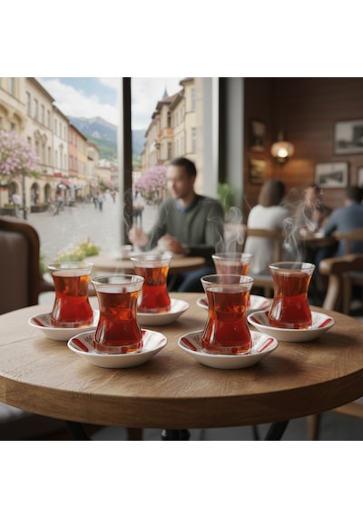 Paşabahçe 6'lı Çay Bardağı 130cc Ve Porland Porselen 6'lı Çay Tabağı Set Kolye,küpe Hediyeli Şeffaf