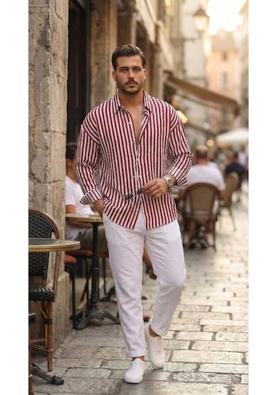 Etiler Collection Erkek Dikey Çizgili Yarım Oversize Gömlek Bordo