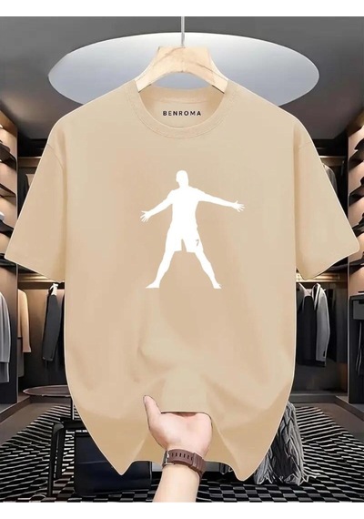 Eller Yanda Beyaz Baskılı Oversize Tişört Bej