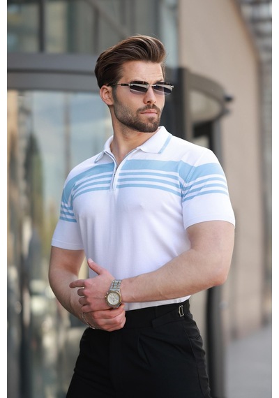 Madmext Beyaz Fermuarlı Polo Yaka Erkek Triko T-shirt E7407 Beyaz