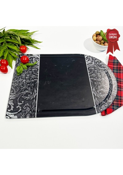 Kanallı Cam Kesme Tahtası - Black Ornament - Kenarı Oval- 25x35cm