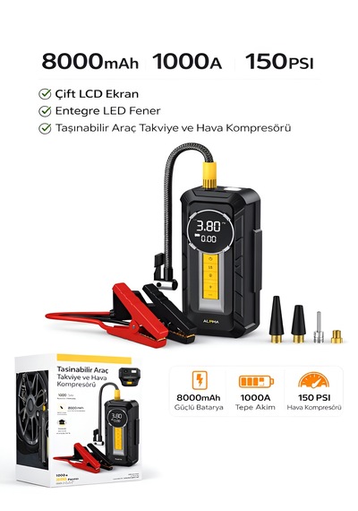 8000mah 1000a Akü Takviyeli Kompresör 150 Psı Çift Dijital Ekran Led Fenerli Hava Pompası Siyah - Abs+