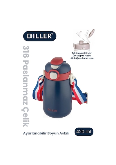 Dıller 420 Ml Pipetli/pipetsiz Tek Kapak Çift Kullanım Askılı Çelik Termos Su Matarası 6 Saat Sıcak/soğuk Lacivert
