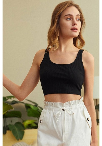 Moda Dua Kadın Siyah Kalın Askılı Crop Top Büstiyer