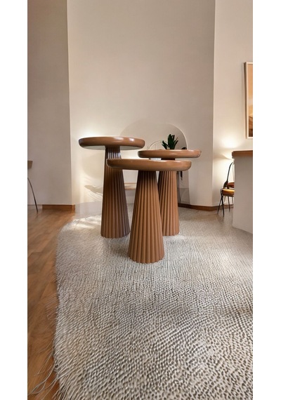 Wood Wooden Ahşap Kahverengi Renk 3 Lü Set Mantar Yan Sehpa