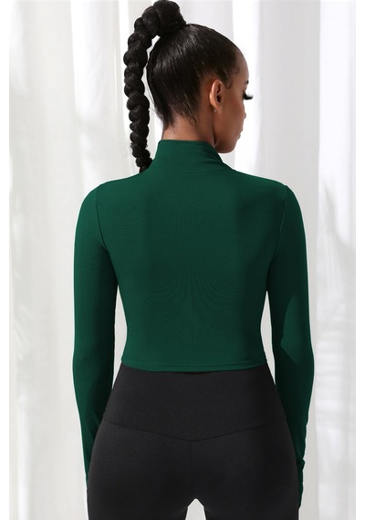 I-moda Kadın Yeşil Uzun Kol Fermuarlı Parmak Geçme Detaylı Dik Yaka Crop Top Bluz